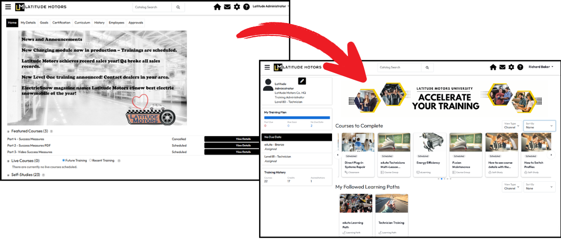 Two overlaid screenshots showing the old LatitudeLearning LMS user interface in comparison with the same page in the newer responsive user interface.
